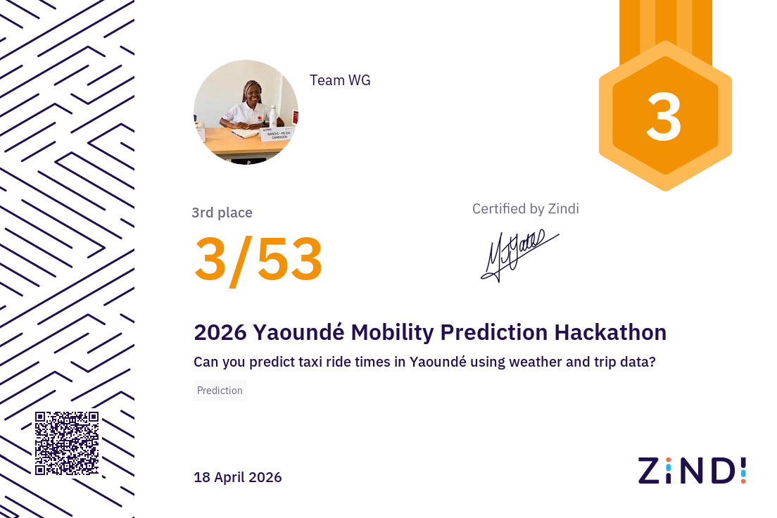 Zindi certificate for Yaounde mobility prediction third place